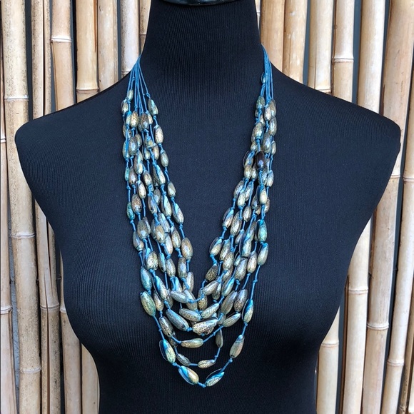 Fashion Jewelry Jewelry - Seashells on Blue Knot Cords Statement Necklace